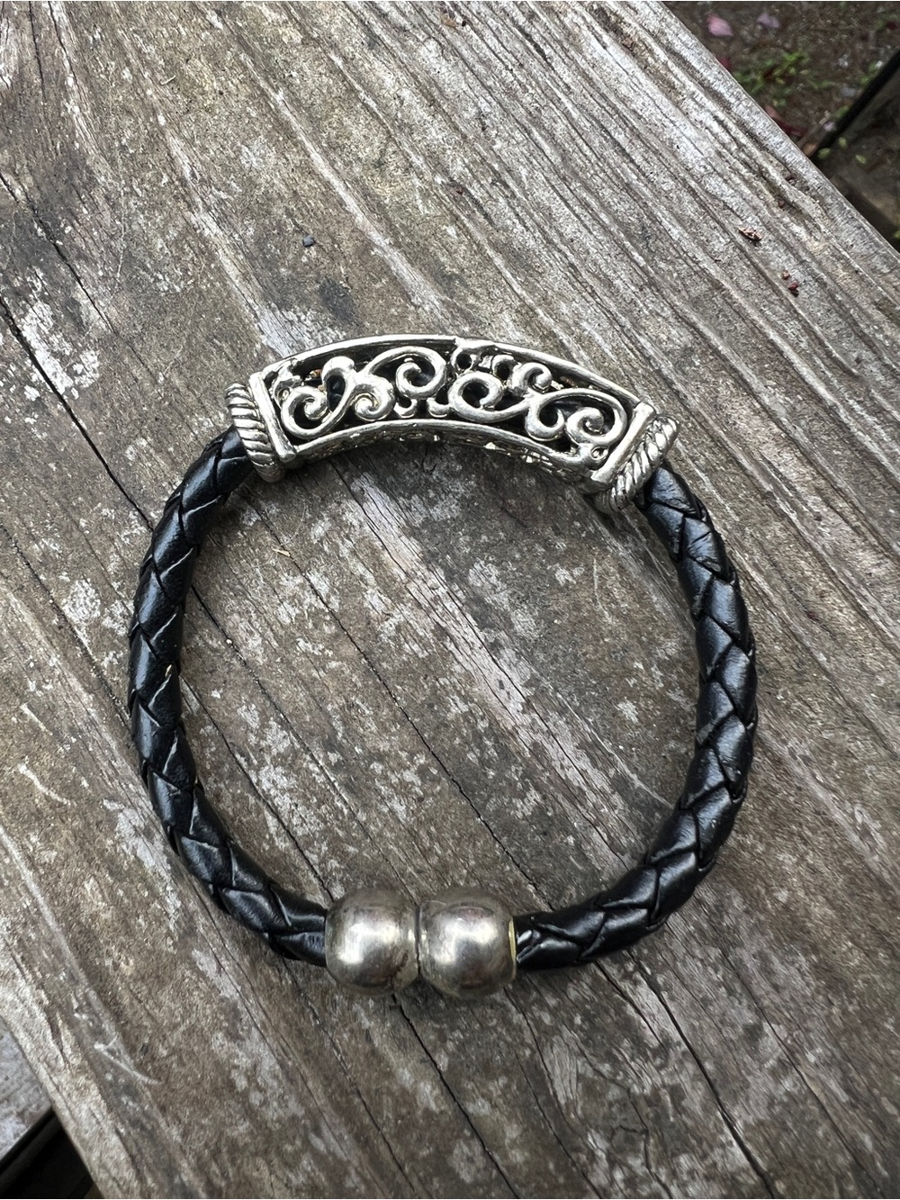 Black Braided Leather Bracelet with Silver Filigree Accent